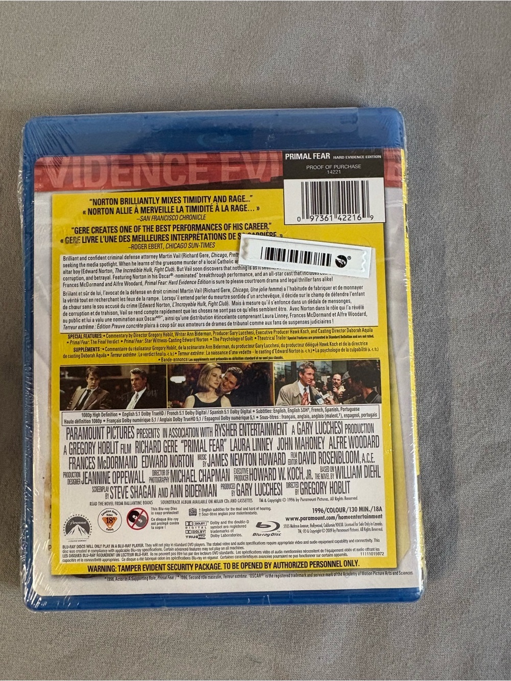Primal Fear Hard Evidence Edition Blu-ray New Sealed - Picture 2 of 3